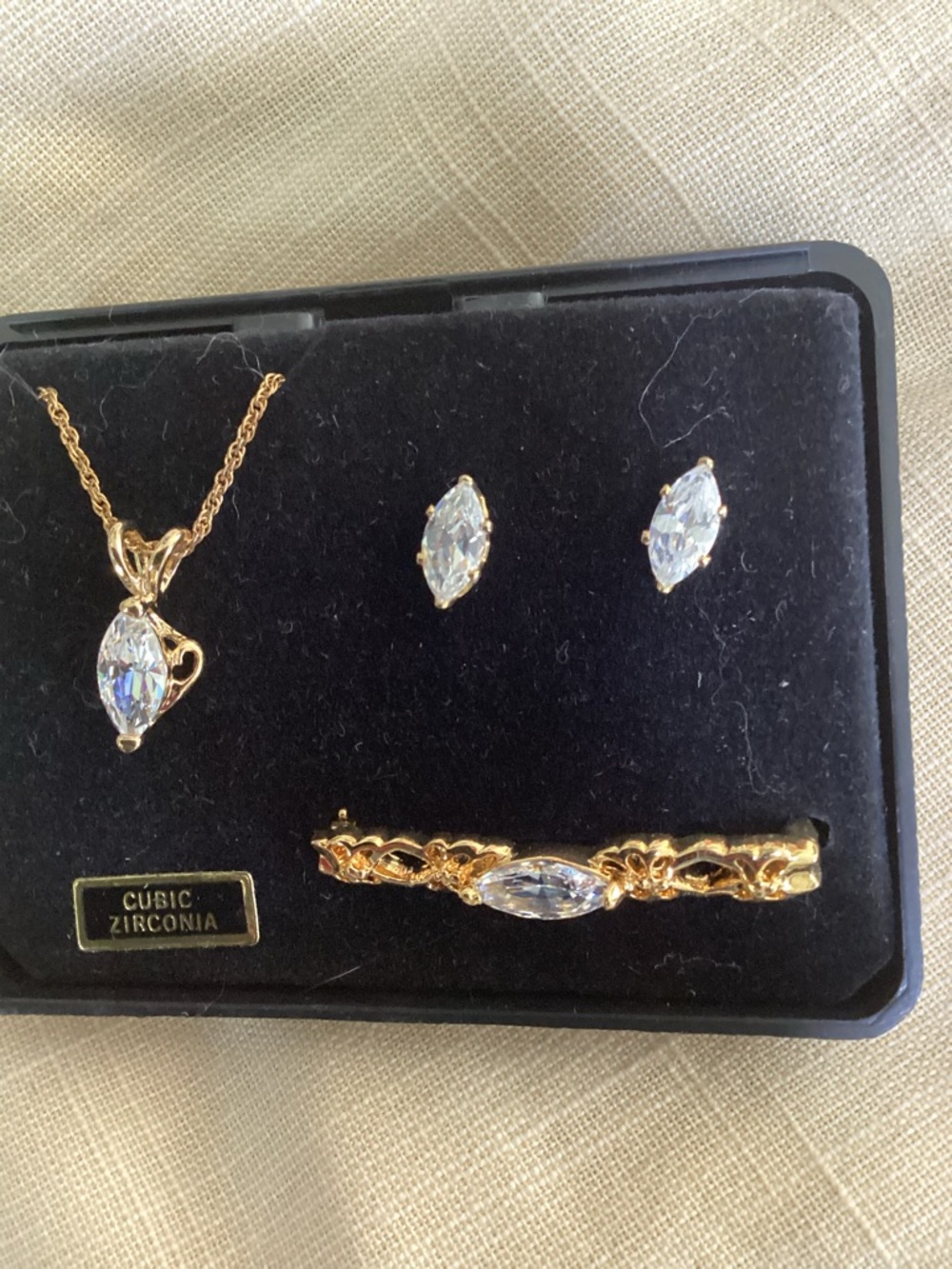 Gold Cubic Zirconia Jewelry Set - Pendant, Stud Earrings & brooch